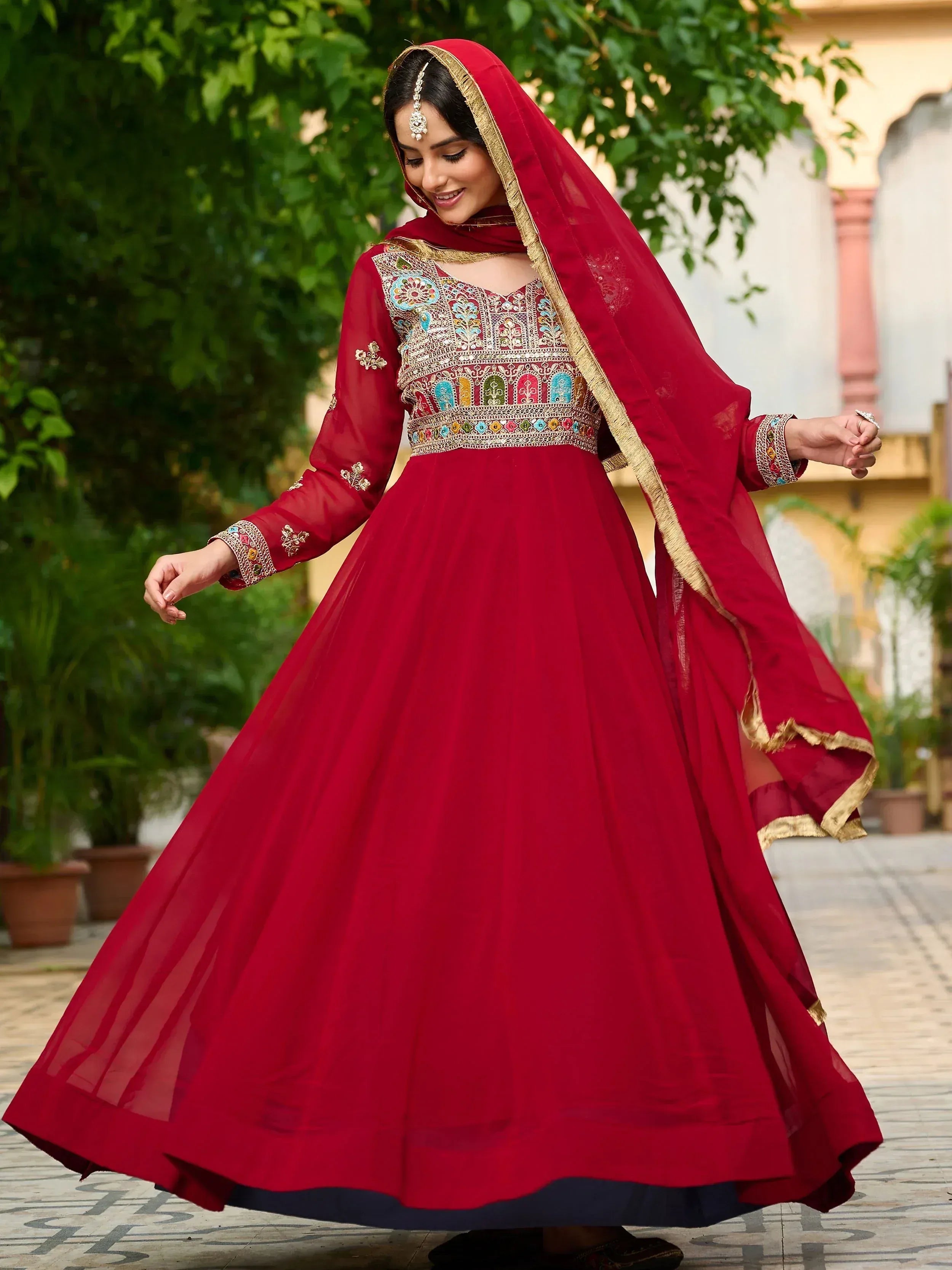 Red embroidered anarkali suit with dupatta, Indian ethnic wear for women
