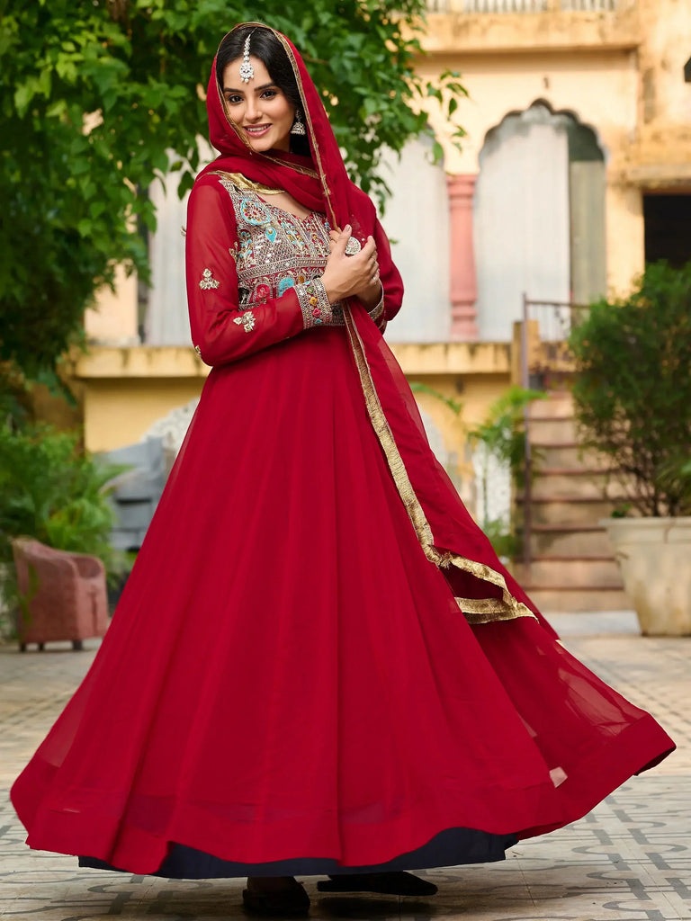 Sweet Maroon Georgette Sequins Party Wear Gown With Dupatta