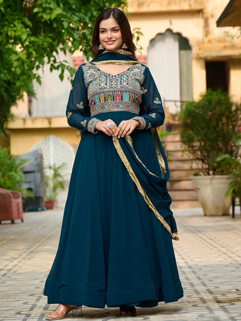 Enchanting Blue Thread Embroidered Georgette Gown With Dupatta