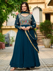 Enchanting Blue Thread Embroidered Georgette Gown With Dupatta