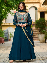 Enchanting Blue Thread Embroidered Georgette Gown With Dupatta