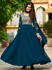 Enchanting Blue Thread Embroidered Georgette Gown With Dupatta