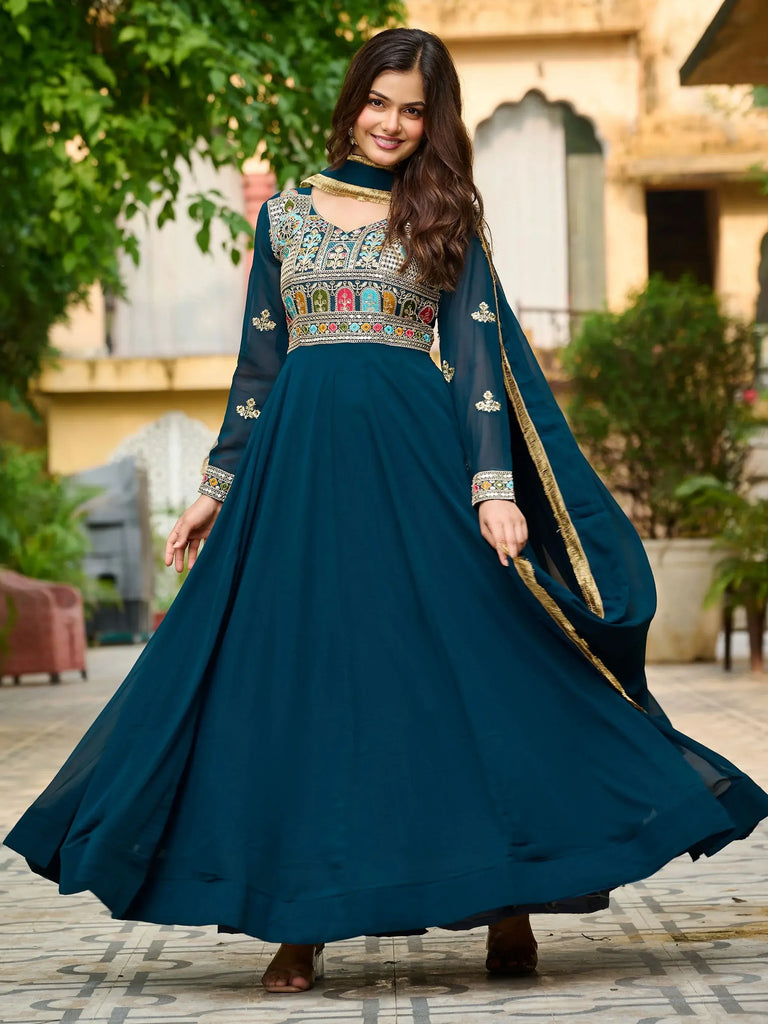 Enchanting Blue Thread Embroidered Georgette Gown With Dupatta