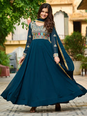 Enchanting Blue Thread Embroidered Georgette Gown With Dupatta