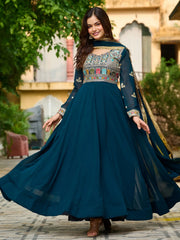 Enchanting Blue Thread Embroidered Georgette Gown With Dupatta