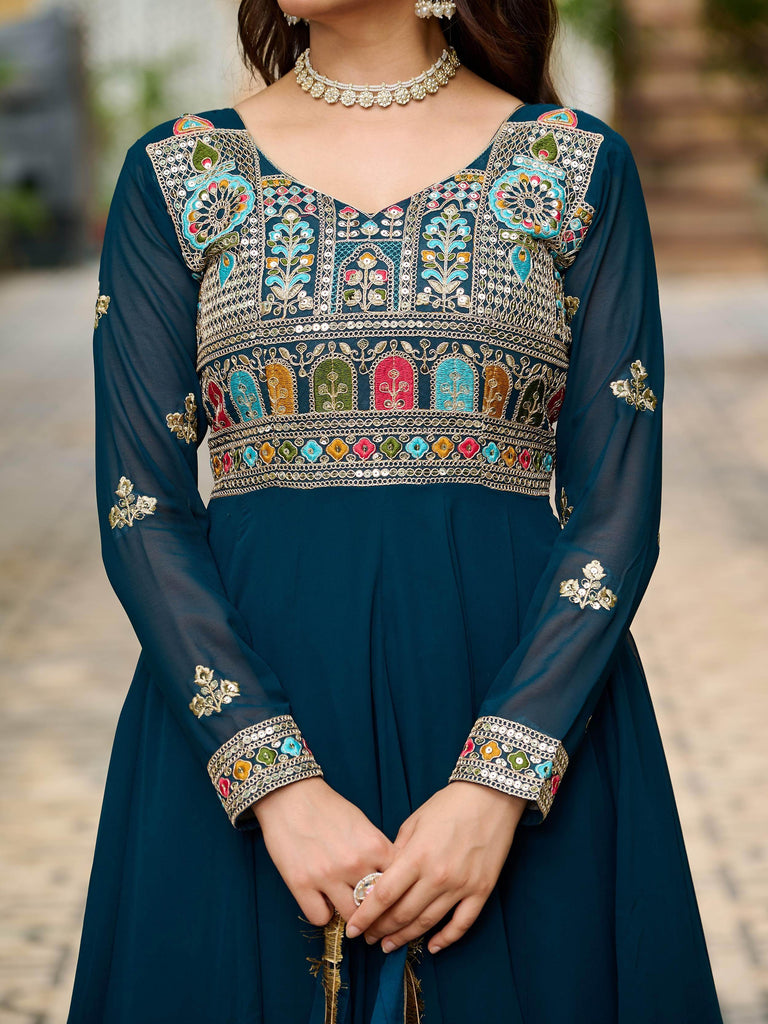 Enchanting Blue Thread Embroidered Georgette Gown With Dupatta