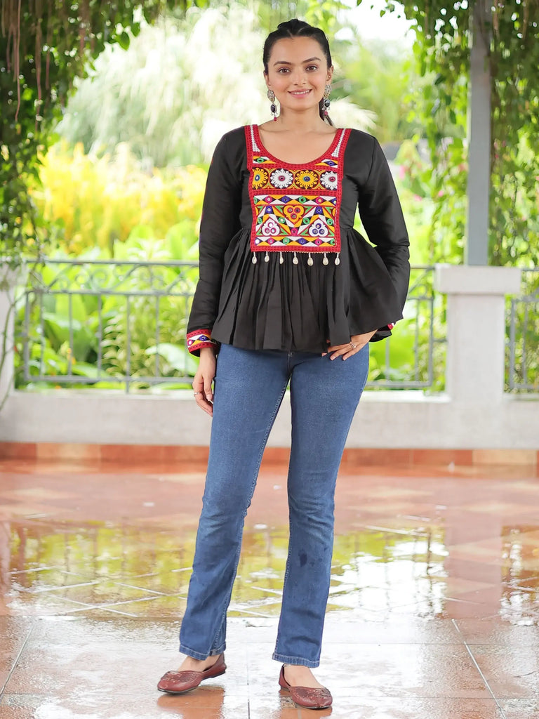 Glamorous Black Kutchi Work Traditional Kediya Style Kurti
