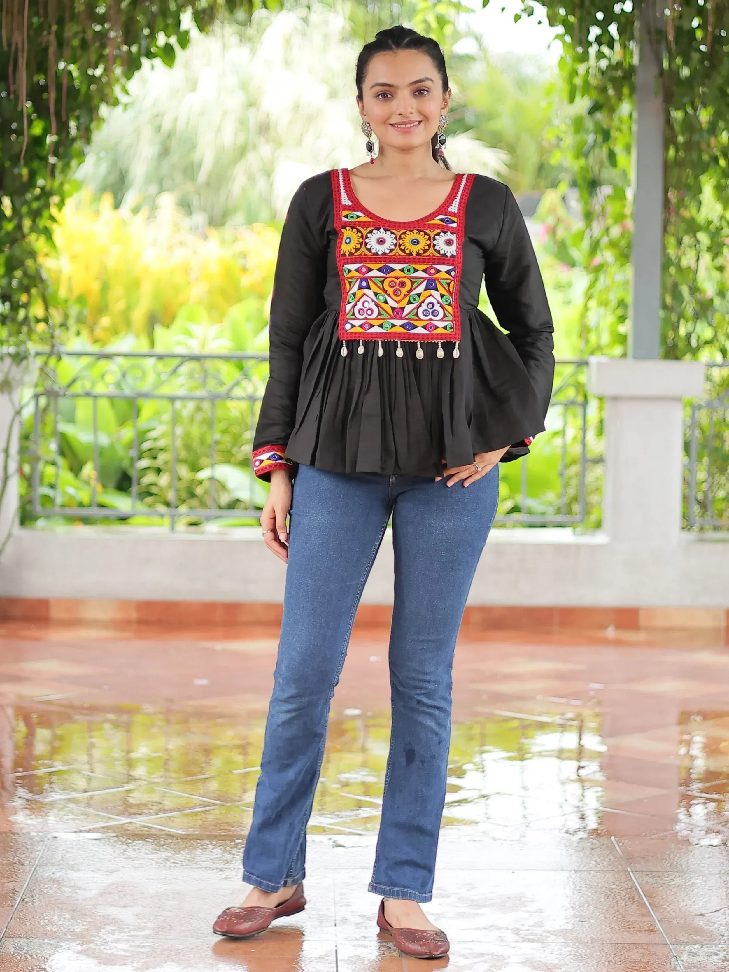 Glamorous Black Kutchi Work Traditional Kediya Style Kurti