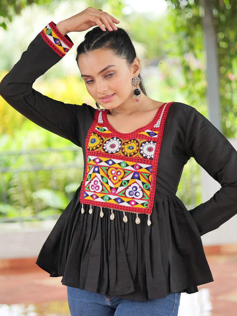 Glamorous Black Kutchi Work Traditional Kediya Style Kurti