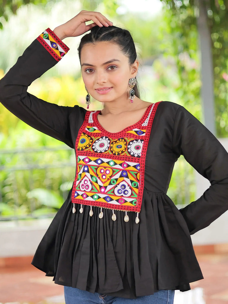 Glamorous Black Kutchi Work Traditional Kediya Style Kurti