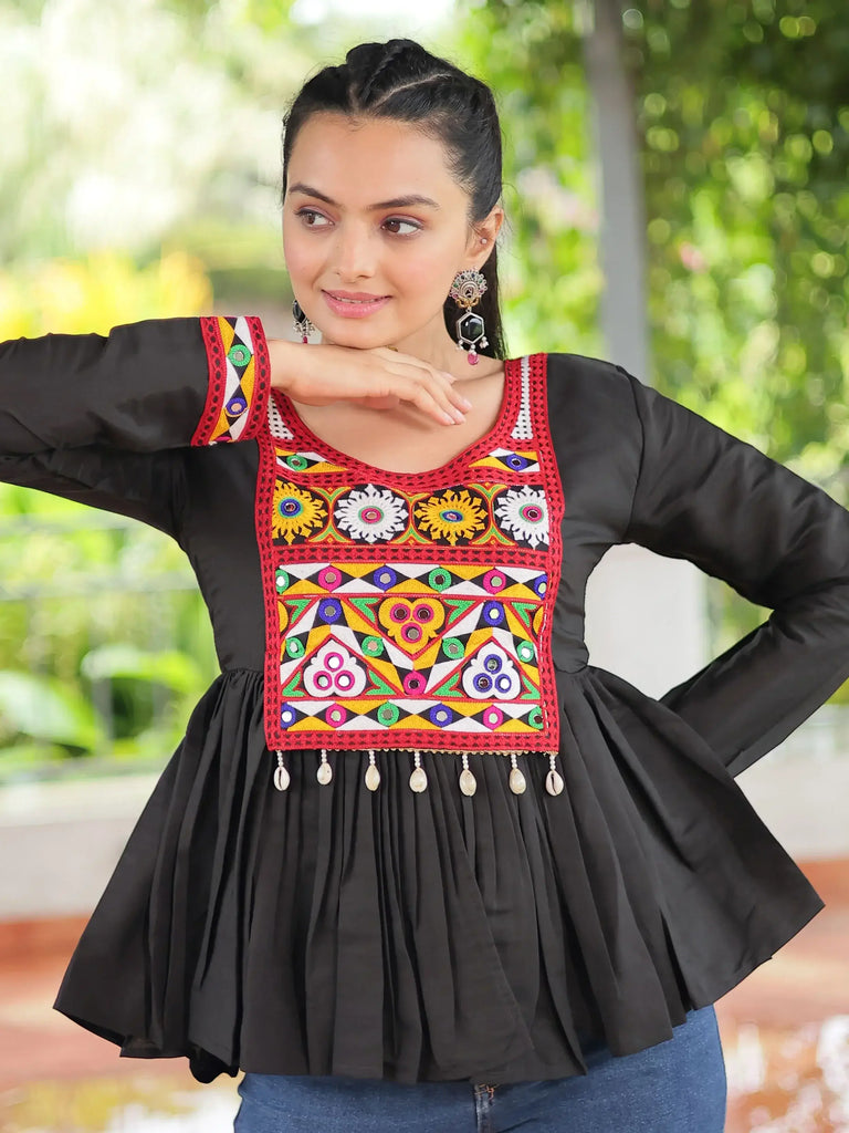 Glamorous Black Kutchi Work Traditional Kediya Style Kurti