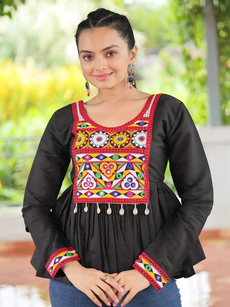 Glamorous Black Kutchi Work Traditional Kediya Style Kurti