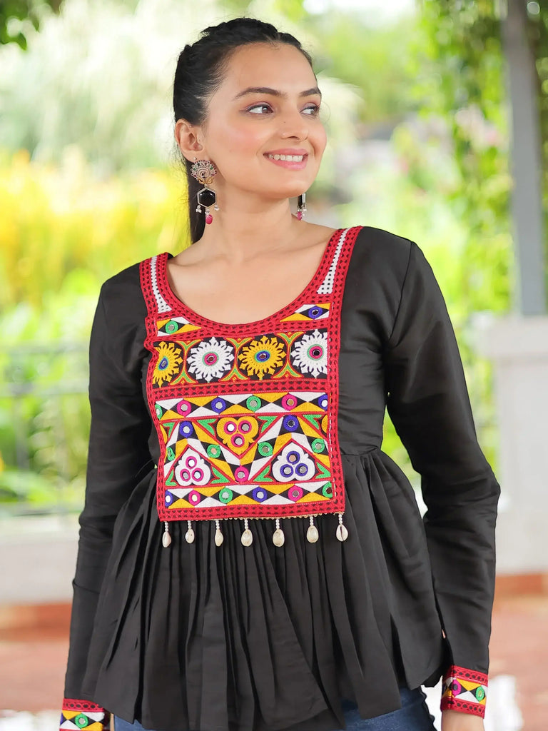 Glamorous Black Kutchi Work Traditional Kediya Style Kurti
