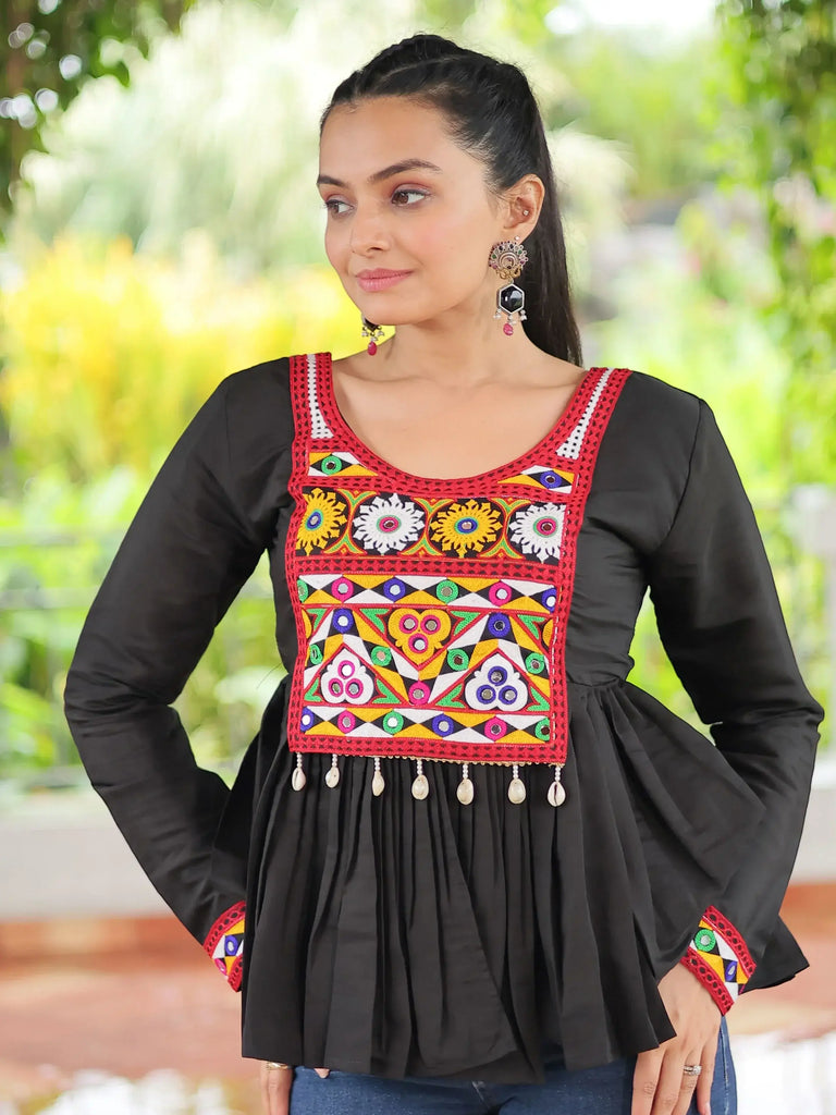 Glamorous Black Kutchi Work Traditional Kediya Style Kurti