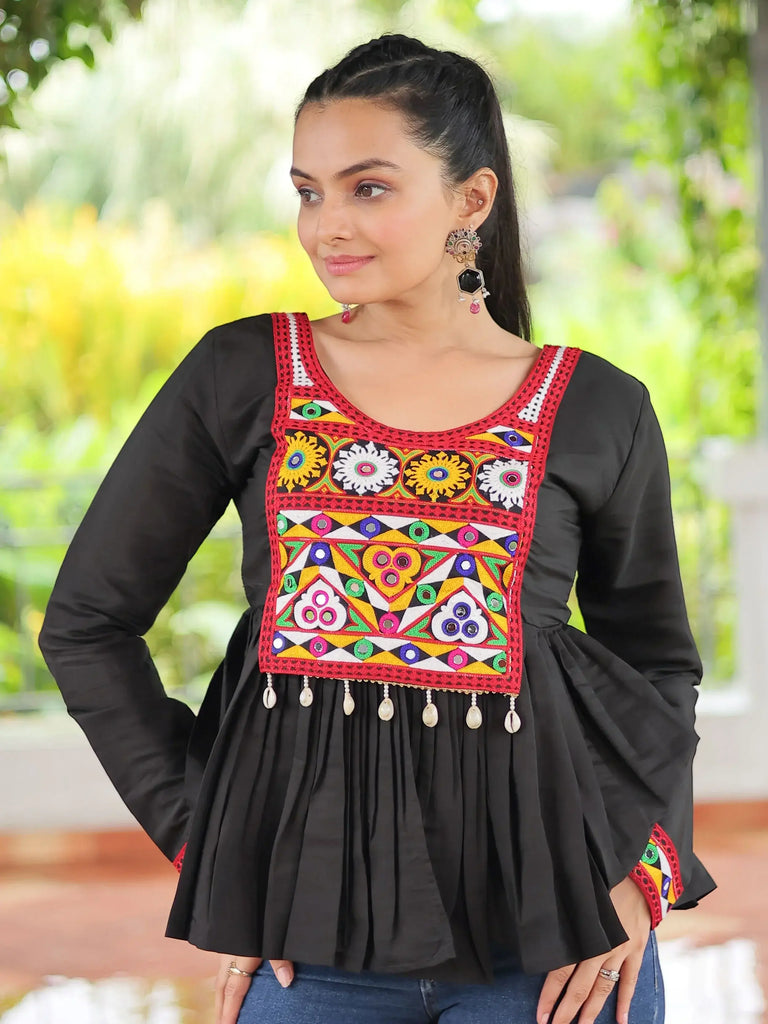 Glamorous Black Kutchi Work Traditional Kediya Style Kurti