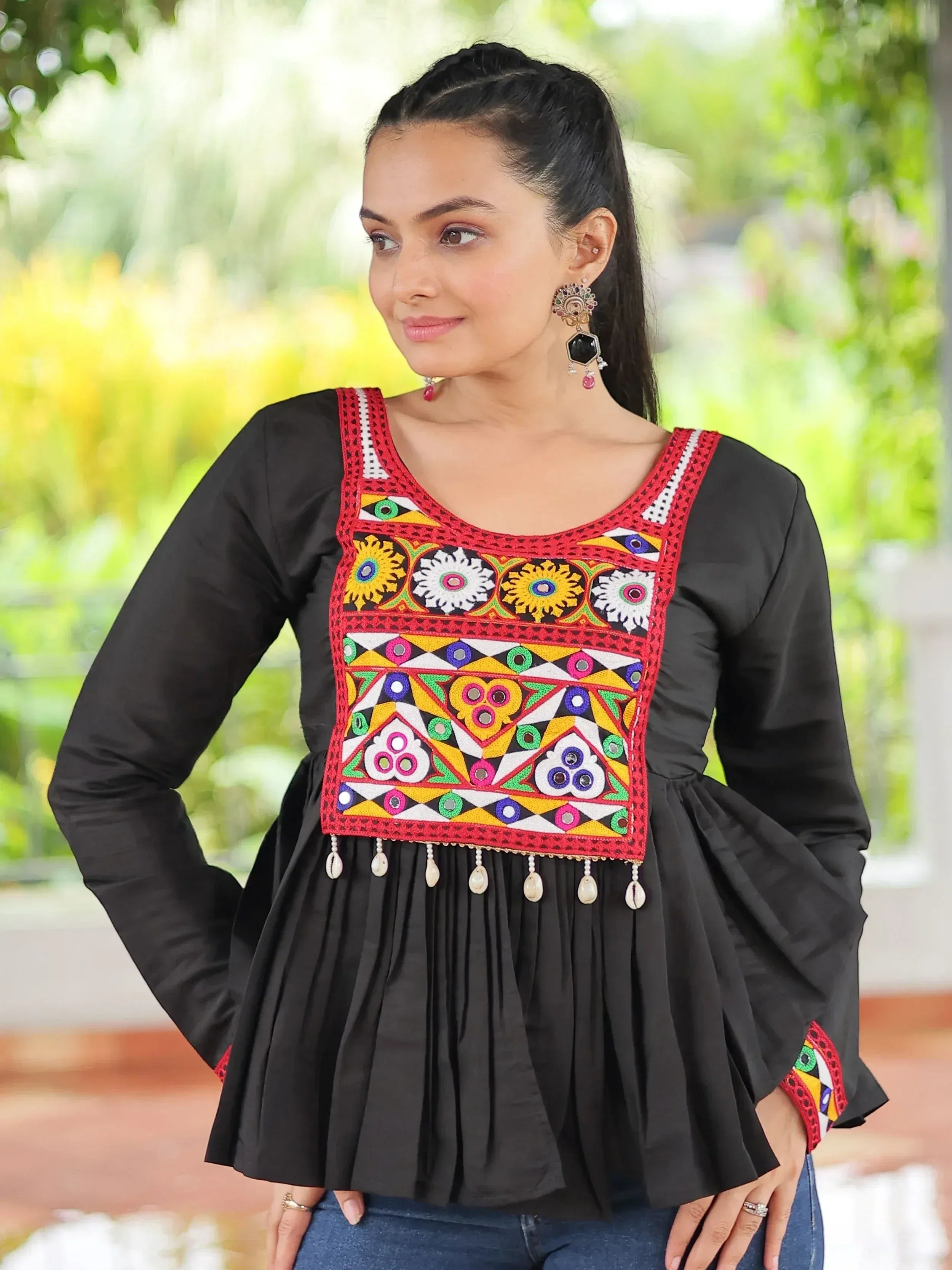 Glamorous Black Kutchi Work Traditional Kediya Style Kurti