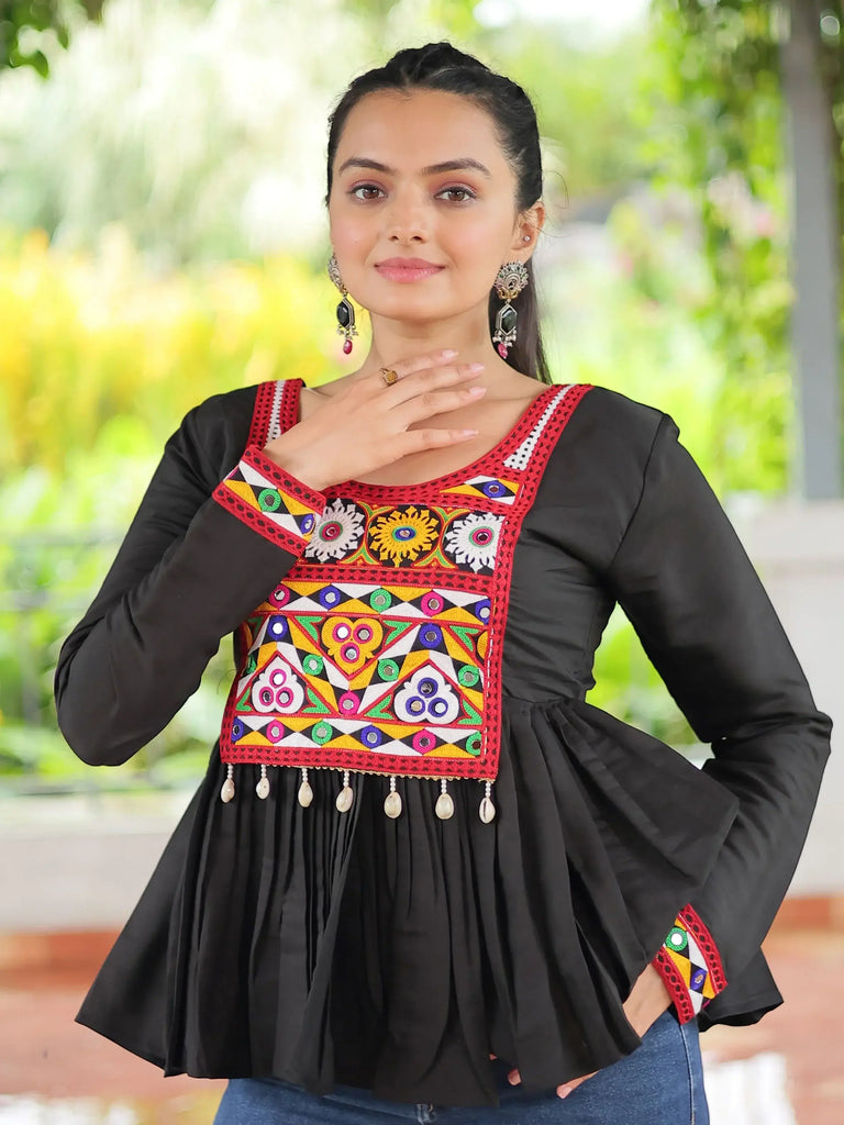 Glamorous Black Kutchi Work Traditional Kediya Style Kurti