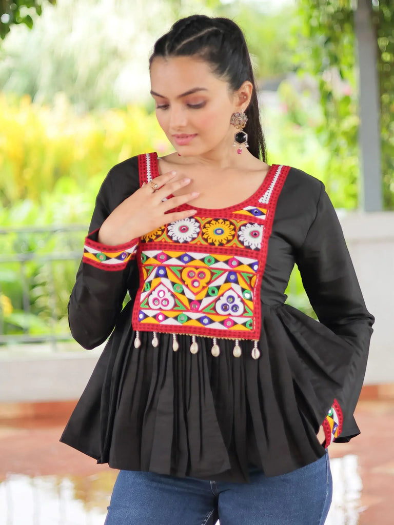 Glamorous Black Kutchi Work Traditional Kediya Style Kurti