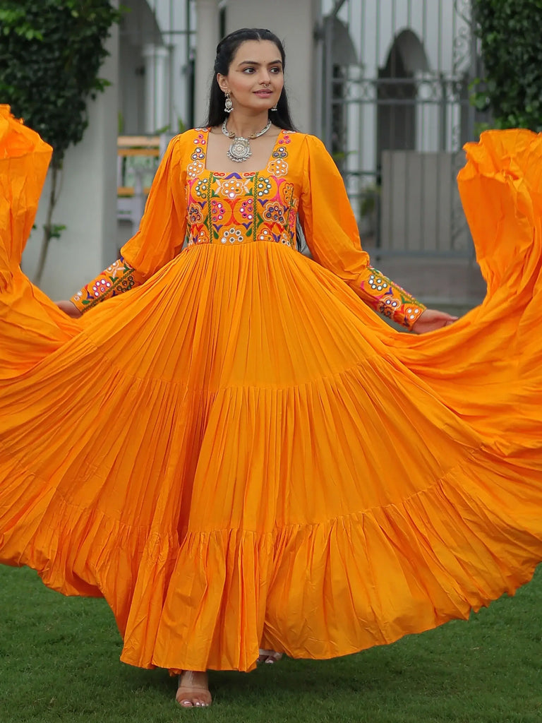 Adorable Orange Gamthi Work Rayon Festival Wear Gown
