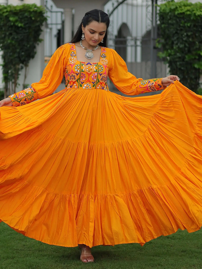 Adorable Orange Gamthi Work Rayon Festival Wear Gown