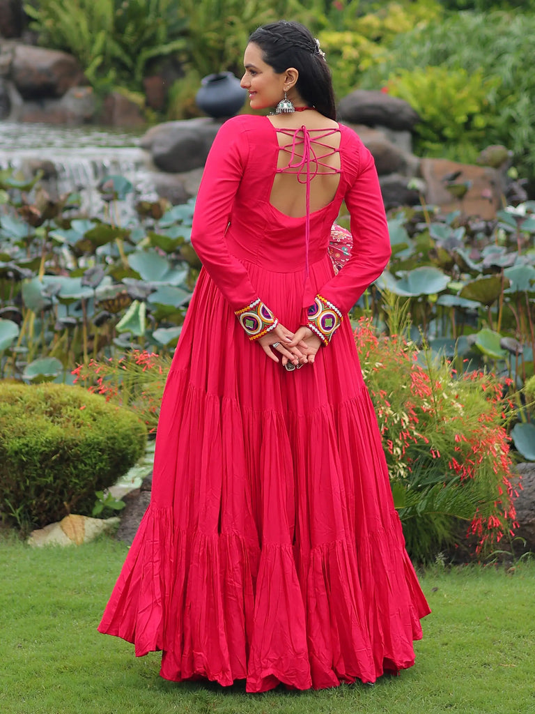 Fantastic Pink Rayon Kutchi Gamthi Work Navratri Wear Gown