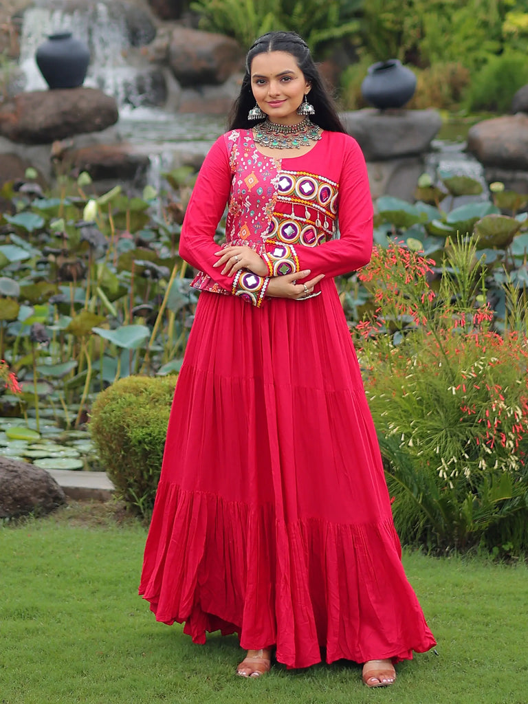 Fantastic Pink Rayon Kutchi Gamthi Work Navratri Wear Gown