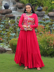 Fantastic Pink Rayon Kutchi Gamthi Work Navratri Wear Gown