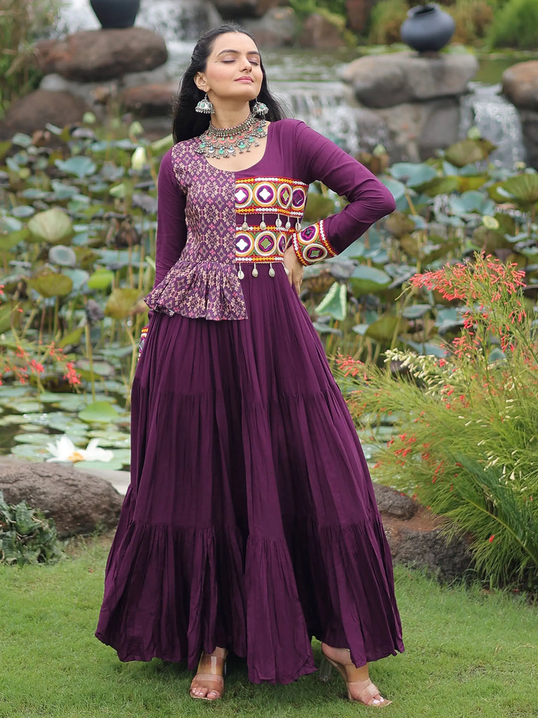 Fabulous Wine Rayon Printed Navratri Wear Layered Gown