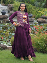 Fabulous Wine Rayon Printed Navratri Wear Layered Gown