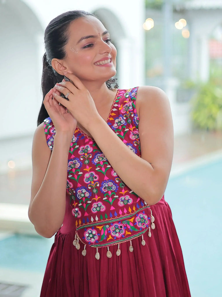Pretty Maroon Rayon Mirror Work Navratri Special Gown