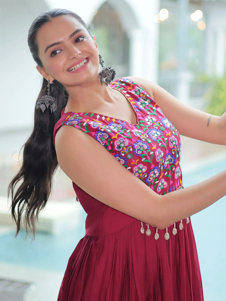 Pretty Maroon Rayon Mirror Work Navratri Special Gown