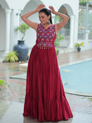 Pretty Maroon Rayon Mirror Work Navratri Special Gown