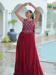 Pretty Maroon Rayon Mirror Work Navratri Special Gown