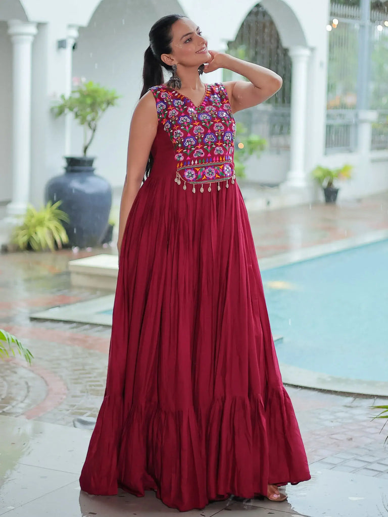 Pretty Maroon Rayon Mirror Work Navratri Special Gown