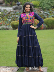 Adorning Navy Blue Rayon Gamthi Work Navratri Wear Layered Gown