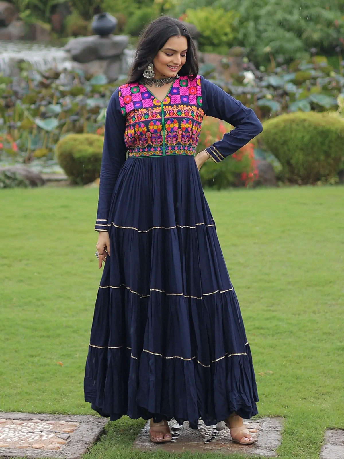 Adorning Navy Blue Rayon Gamthi Work Navratri Wear Layered Gown