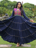 Adorning Navy Blue Rayon Gamthi Work Navratri Wear Layered Gown