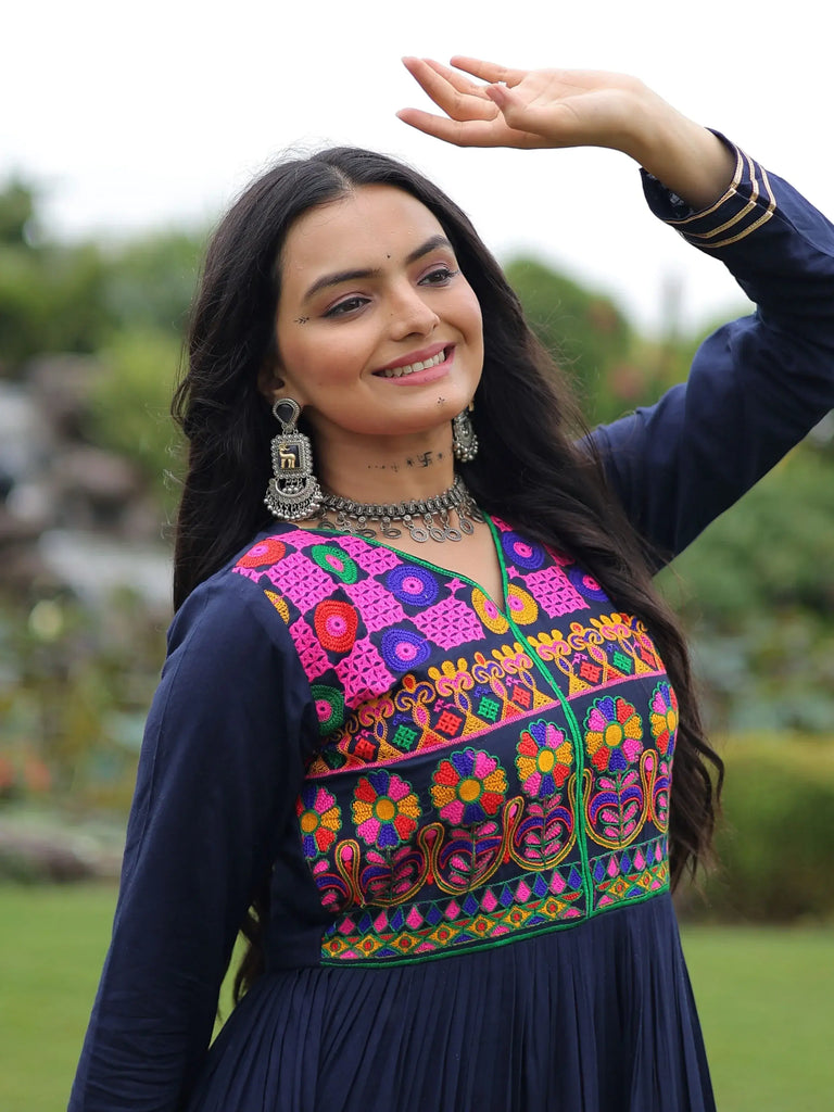 Adorning Navy Blue Rayon Gamthi Work Navratri Wear Layered Gown