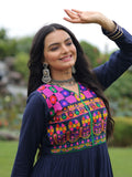 Adorning Navy Blue Rayon Gamthi Work Navratri Wear Layered Gown