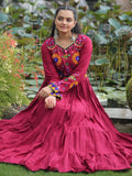 Stylish Maroon Rayon Gamthi Work Navratri Wear Layered Gown