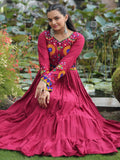 Stylish Maroon Rayon Gamthi Work Navratri Wear Layered Gown