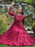 Stylish Maroon Rayon Gamthi Work Navratri Wear Layered Gown