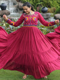 Stylish Maroon Rayon Gamthi Work Navratri Wear Layered Gown