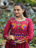 Stylish Maroon Rayon Gamthi Work Navratri Wear Layered Gown