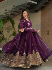 Intricate Wine Georgette Sequins Embroidered Gown With Dupatta