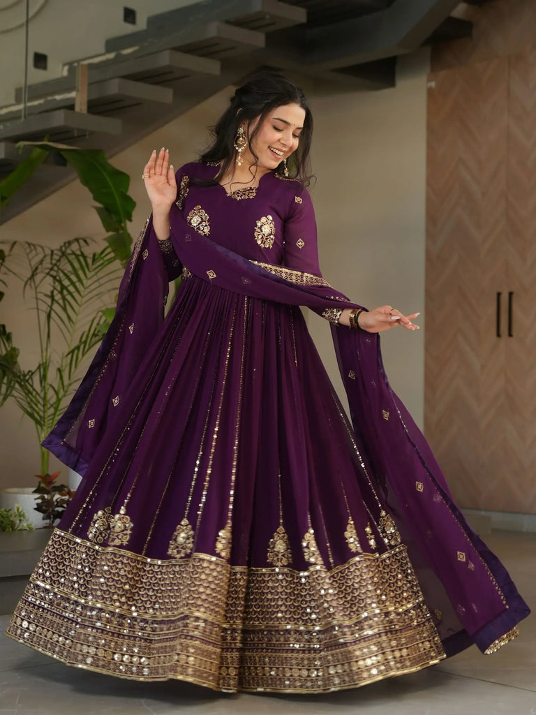 Intricate Wine Georgette Sequins Embroidered Gown With Dupatta