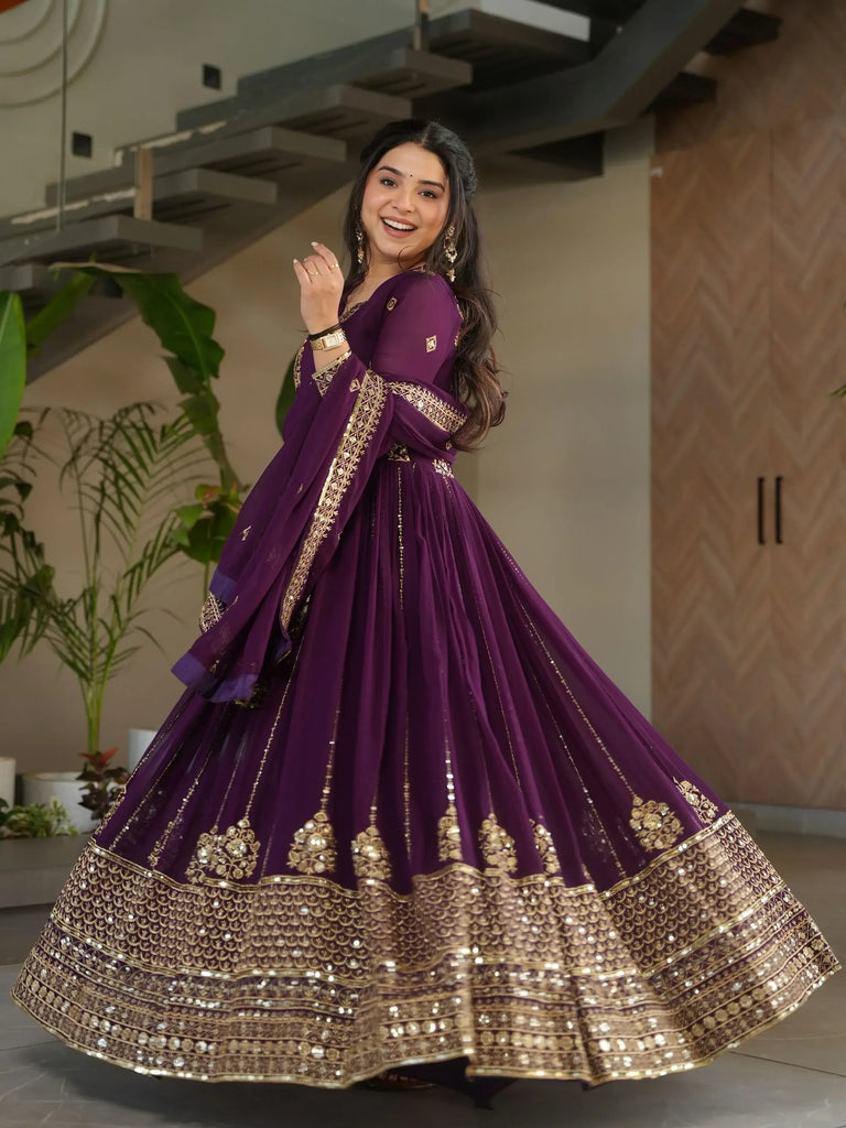 Intricate Wine Georgette Sequins Embroidered Gown With Dupatta