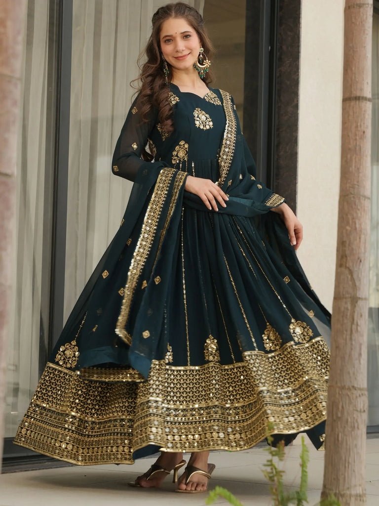 Delicate Blue Georgette Zari Embroidered Gown With Dupatta