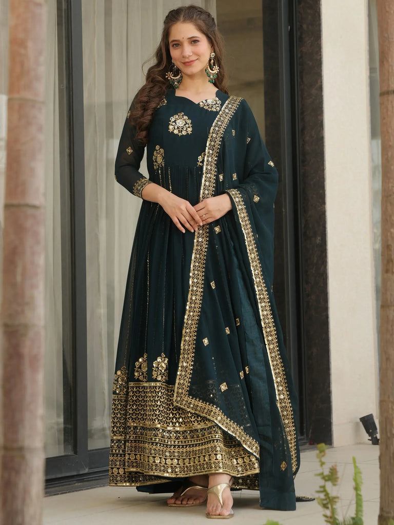 Delicate Blue Georgette Zari Embroidered Gown With Dupatta