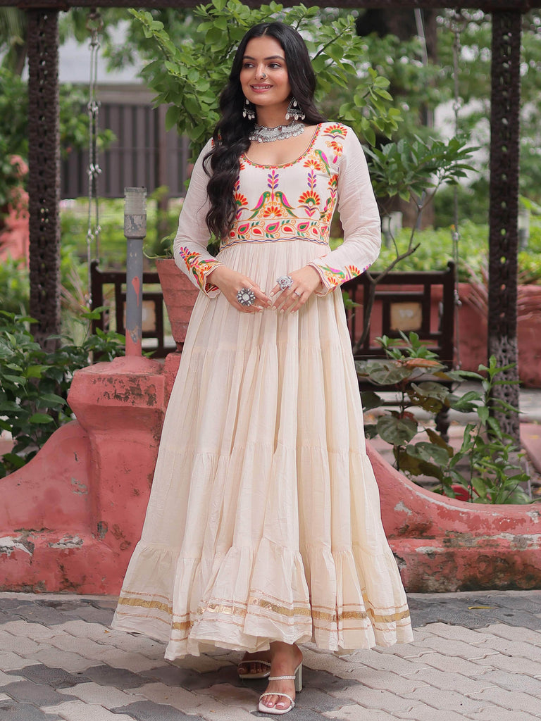 Feminine White Cotton Gota Patti Work Navratri Wear Gown